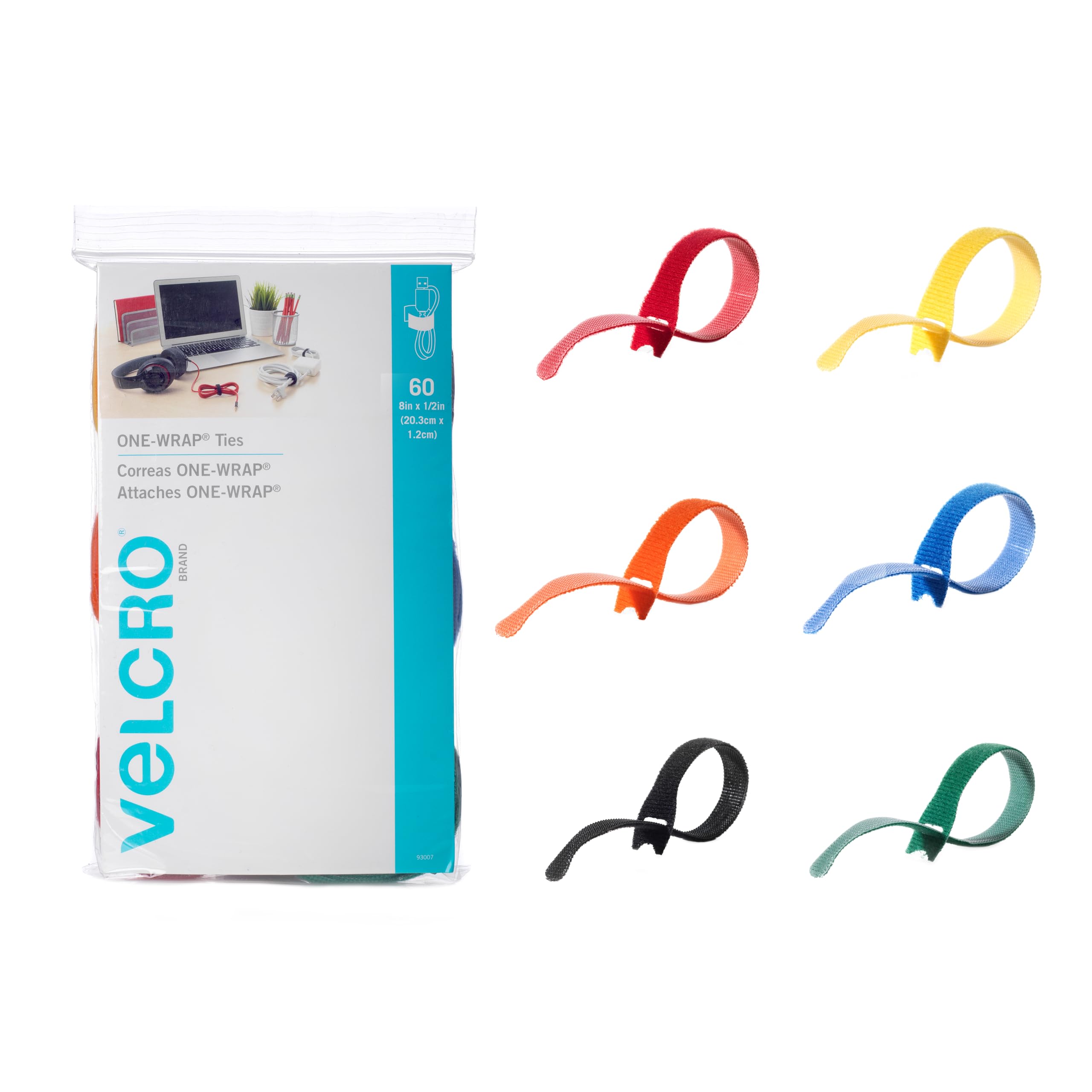 VELCRO Brand ONE-WRAP Cable Ties | 60Pk | 8 x 1/2" Straps Multicolor | Strong Reusable Wire Management | Cord Bundling for Home Office and Data Centers